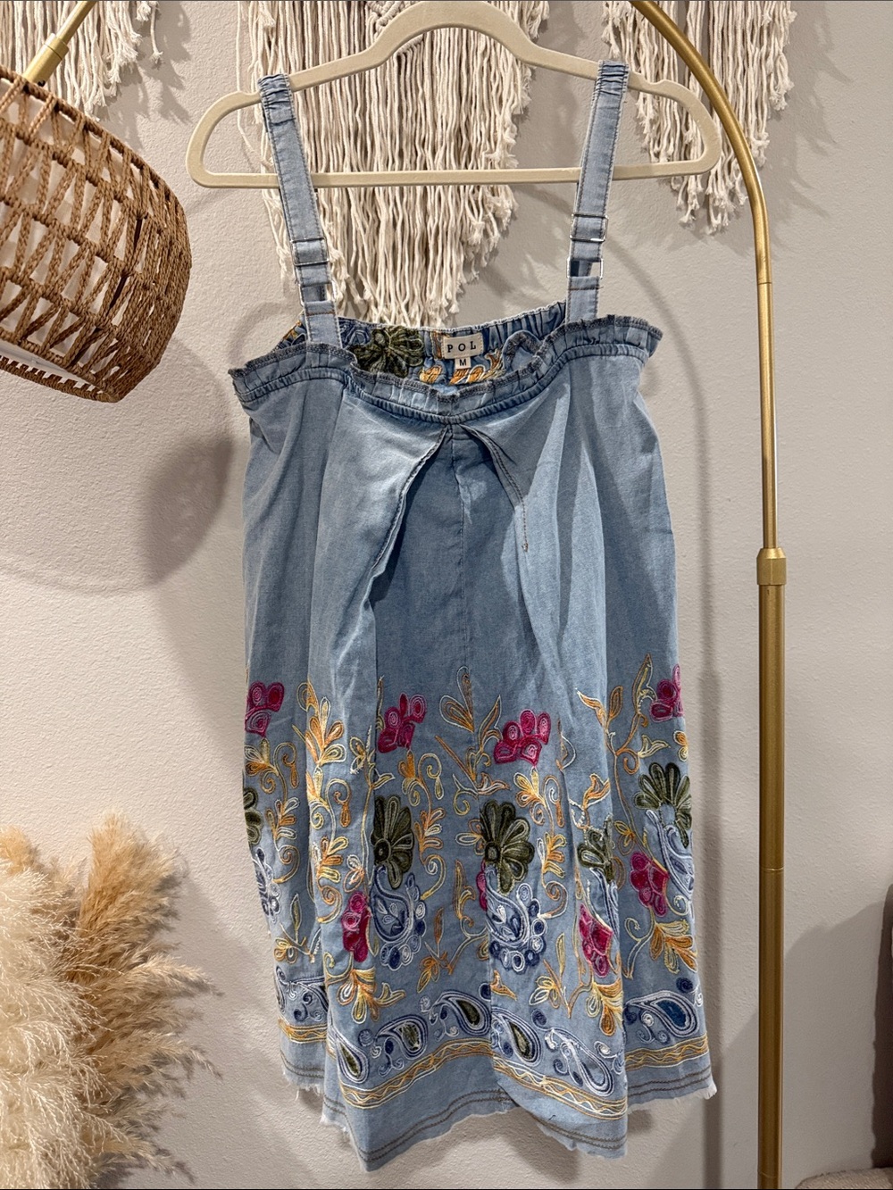 POL Light Blue Denim Sundress with Multicolor Floral Embroidery